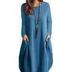 Women's Autumn Cotton And Linen Loose Casual Solid Color Long-sleeved Dress - EX-STOCK CANADA