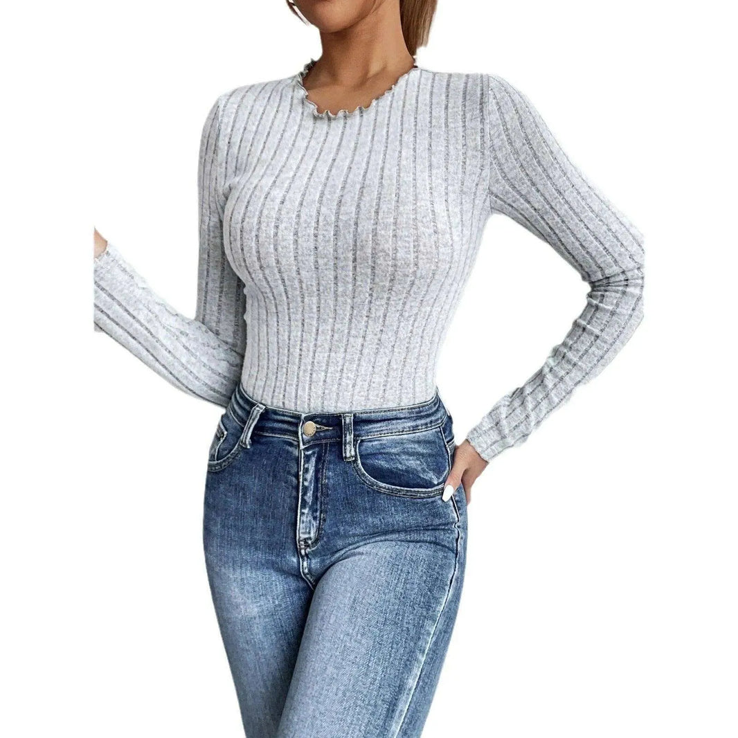 Women's Autumn Fluted Collar Slim fit Long sleeved T-shirt - EX-STOCK CANADA