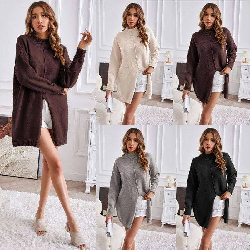 Women's Fashion Casual Pure Color Half Collar Pullover Knitwear Dress - EX-STOCK CANADA