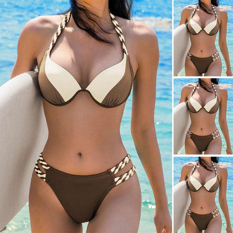 Women's Fashion Temperament Color Matching Triangle High Waist Bikini Swimsuit Two-piece - EX-STOCK CANADA