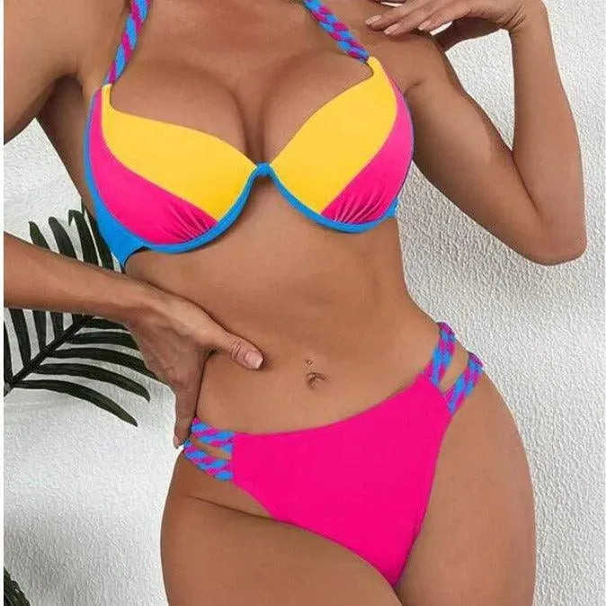 Women's Fashion Temperament Color Matching Triangle High Waist Bikini Swimsuit Two-piece - EX-STOCK CANADA