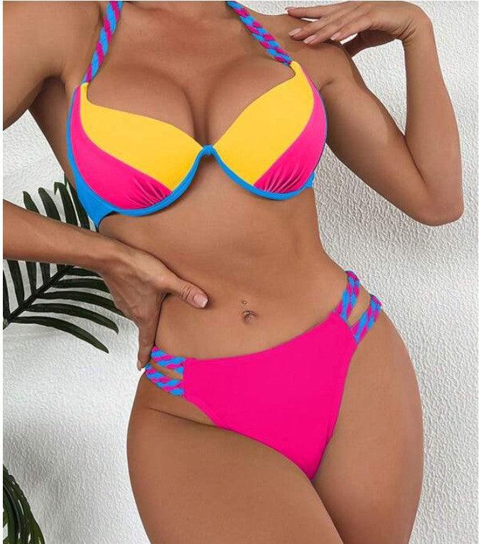 Women's Fashion Temperament Color Matching Triangle High Waist Bikini Swimsuit Two-piece - EX-STOCK CANADA