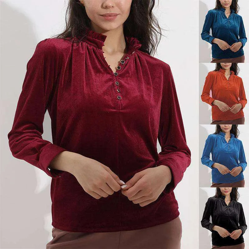 Women's Fashion V-neck Pleuche Long Sleeve Shirt Top - EX-STOCK CANADA