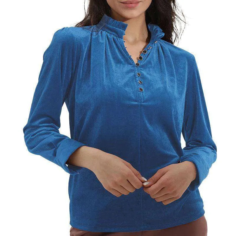 Women's Fashion V-neck Pleuche Long Sleeve Shirt Top - EX-STOCK CANADA