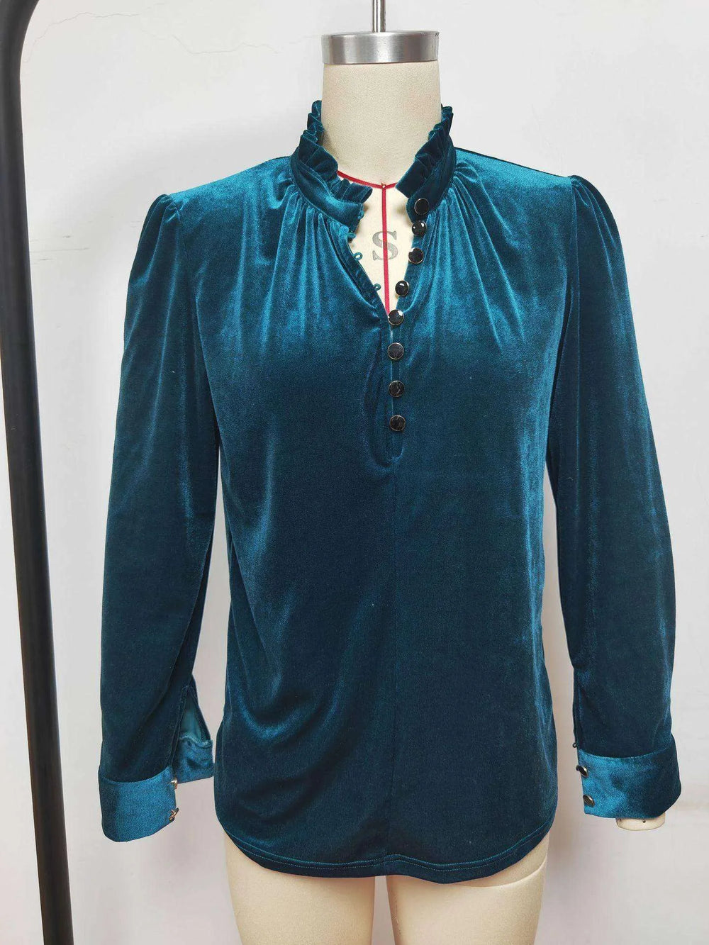 Women's Fashion V-neck Pleuche Long Sleeve Shirt Top - EX-STOCK CANADA