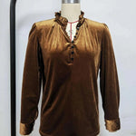 Women's Fashion V-neck Pleuche Long Sleeve Shirt Top - EX-STOCK CANADA