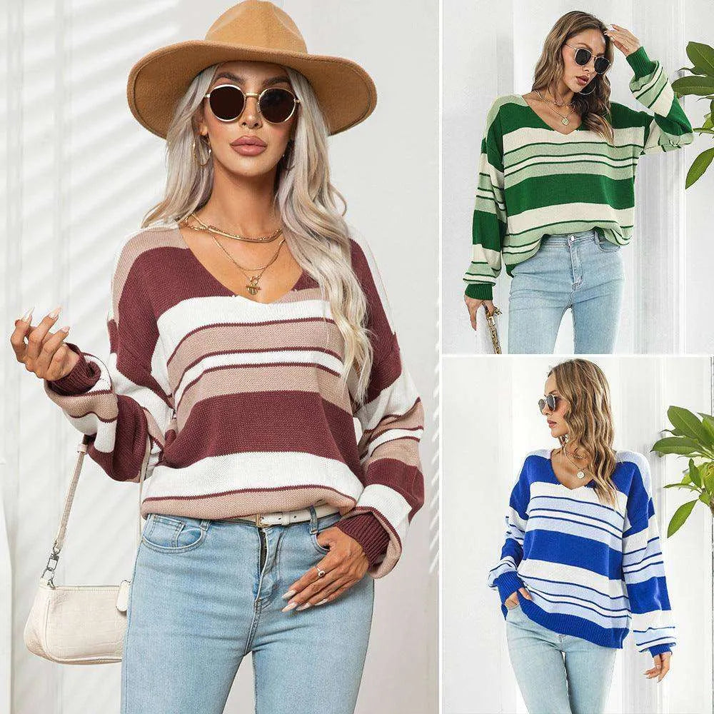 Women's Fashionable Loose Striped V-neck Long-sleeved Sweater - EX-STOCK CANADA