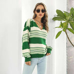 Women's Fashionable Loose Striped V-neck Long-sleeved Sweater - EX-STOCK CANADA