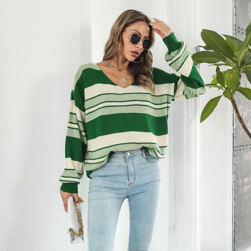 Women's Fashionable Loose Striped V-neck Long-sleeved Sweater - EX-STOCK CANADA