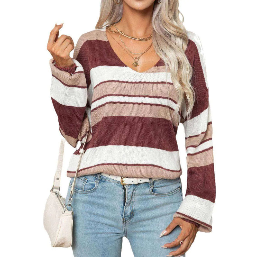 Women's Fashionable Loose Striped V-neck Long-sleeved Sweater - EX-STOCK CANADA