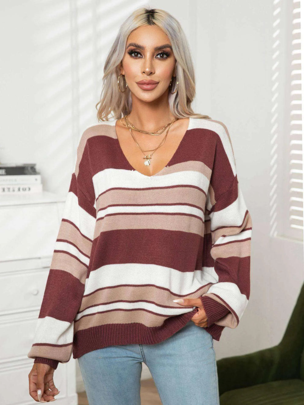 Women's Fashionable Loose Striped V-neck Long-sleeved Sweater - EX-STOCK CANADA