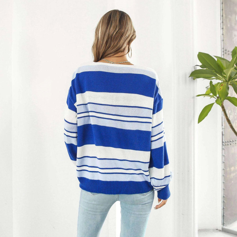 Women's Fashionable Loose Striped V-neck Long-sleeved Sweater - EX-STOCK CANADA