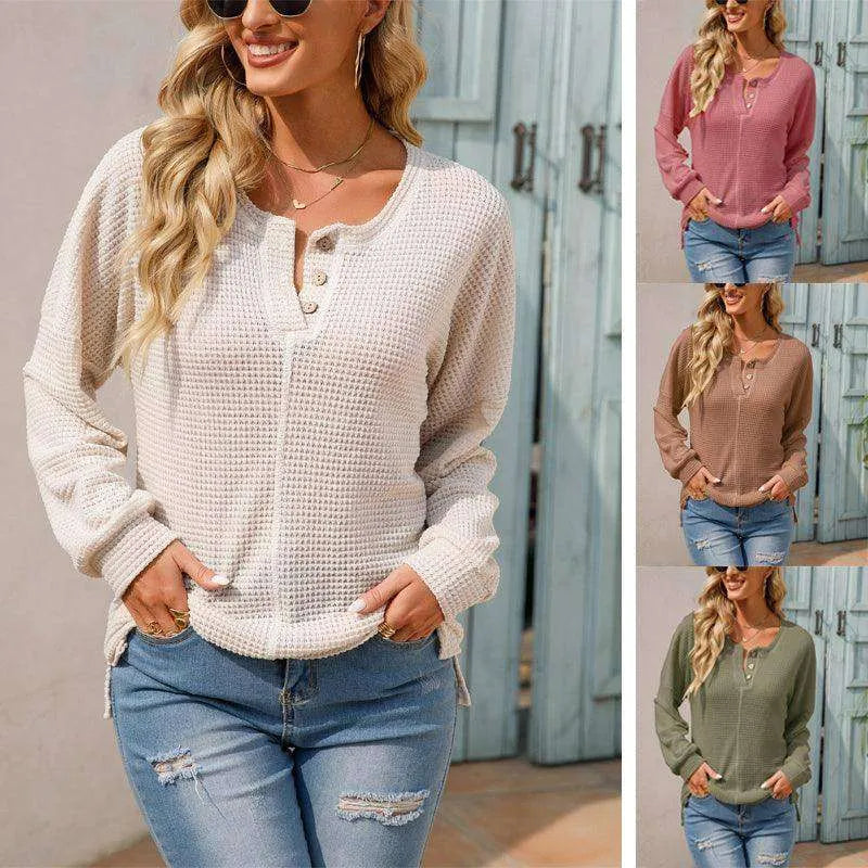 Women's Fashionable Round Neck Waffle Knitted Pullover - EX-STOCK CANADA