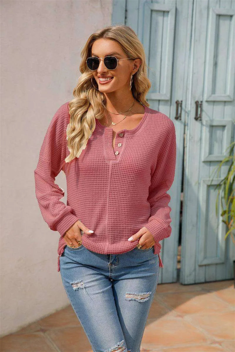 Women's Fashionable Round Neck Waffle Knitted Pullover - EX-STOCK CANADA