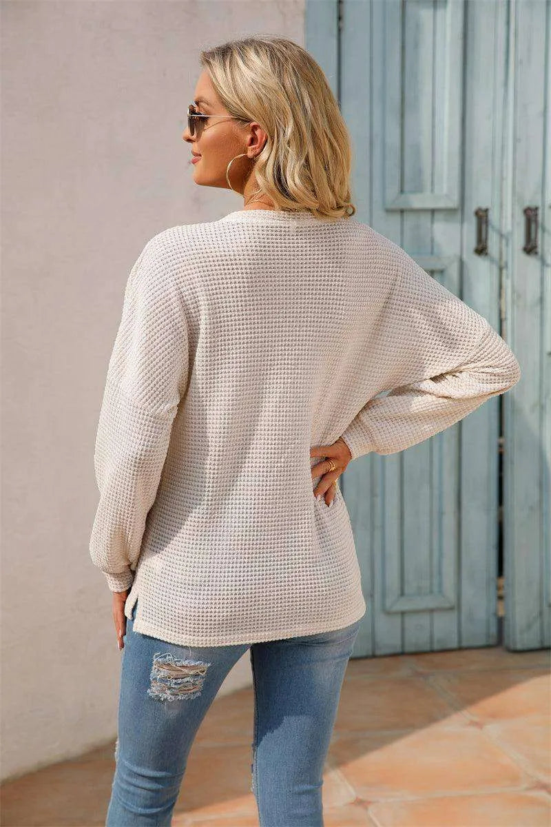 Women's Fashionable Round Neck Waffle Knitted Pullover - EX-STOCK CANADA