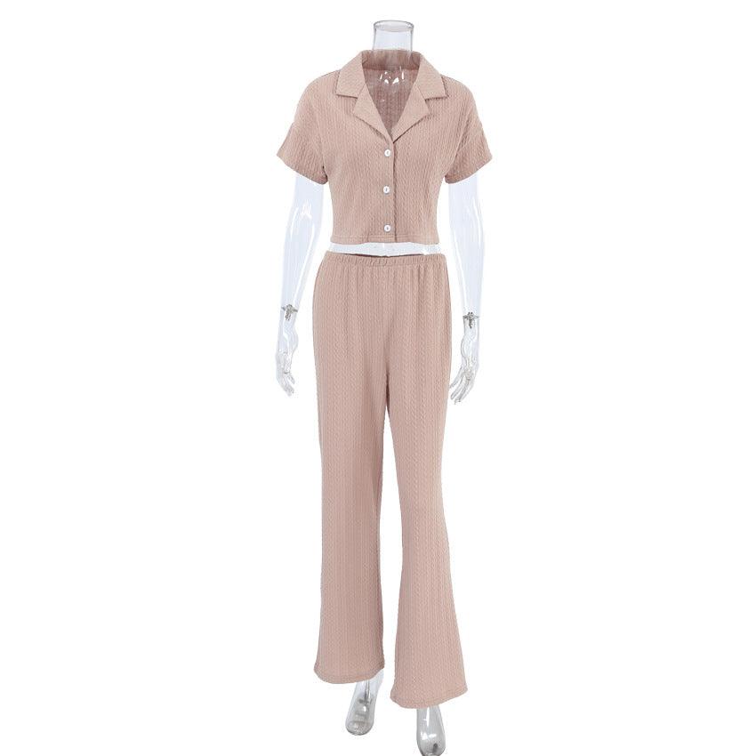 Women's Fashionable Simple Solid Color Short-sleeved Trousers Pajamas Two-piece Set - EX-STOCK CANADA