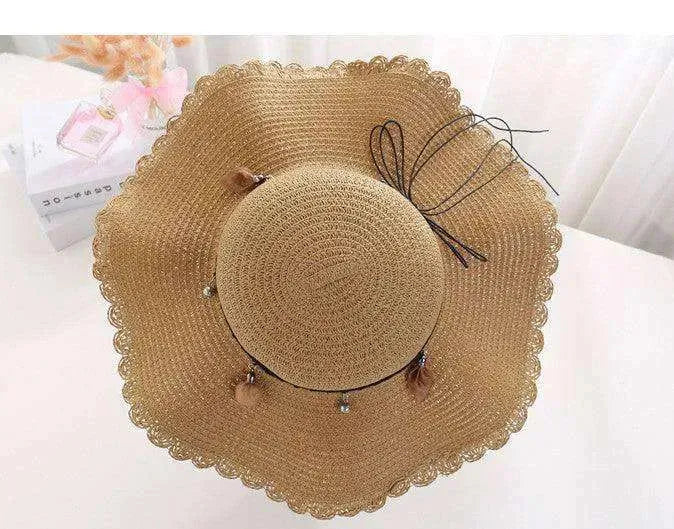 Women's Han Korean Edition Big Beach Wavy With Leather Rope Weaving Hat - EX-STOCK CANADA