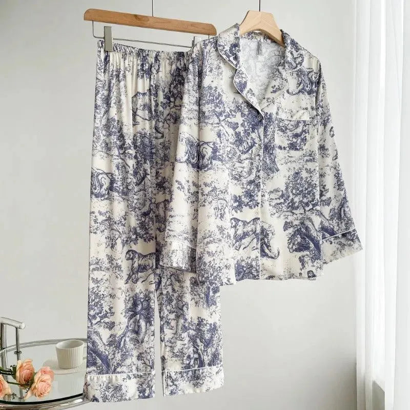 Women's Ice Silk Pajamas with New Ink Print Design: Long-Sleeved Homewear - EX-STOCK CANADA