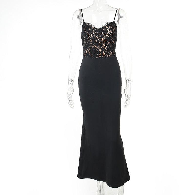 Women's Lace Jacquard Stitching Sheath Dress with V-Neck, Bare Chest and Suspenders Design - EX-STOCK CANADA