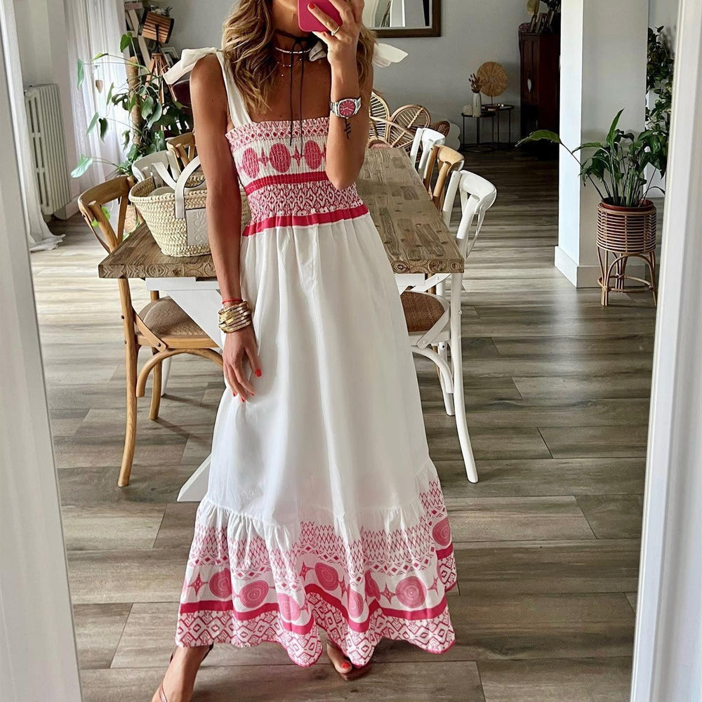 Women's Lace Up Printed Elastic Long Dress - EX-STOCK CANADA