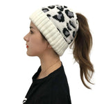 Women's Leopard Jacquard Ponytail Knitted Woolen Hat - EX-STOCK CANADA