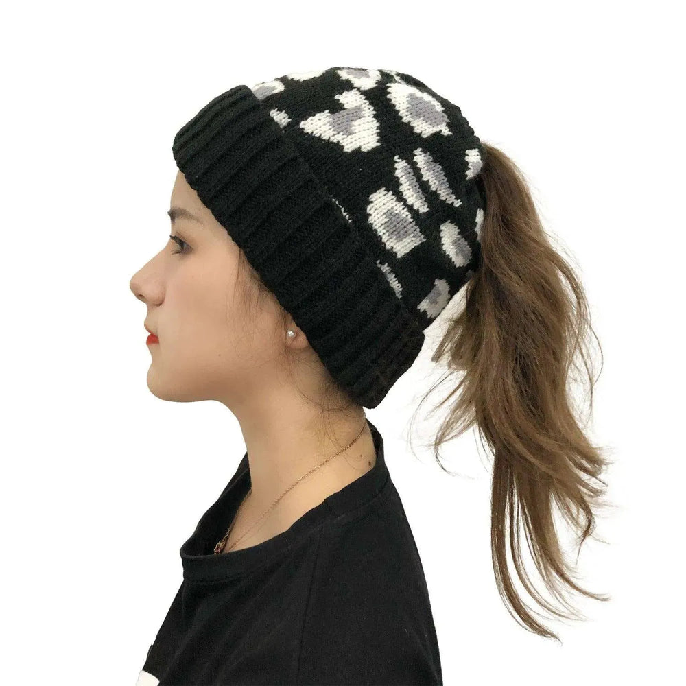 Women's Leopard Jacquard Ponytail Knitted Woolen Hat - EX-STOCK CANADA