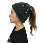 Women's Leopard Jacquard Ponytail Knitted Woolen Hat - EX-STOCK CANADA