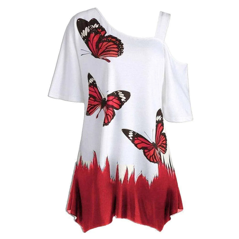 Women's One Shoulder Butterfly Print Summer Blouse - EX-STOCK CANADA