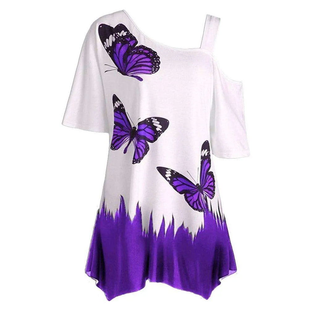 Women's One Shoulder Butterfly Print Summer Blouse - EX-STOCK CANADA