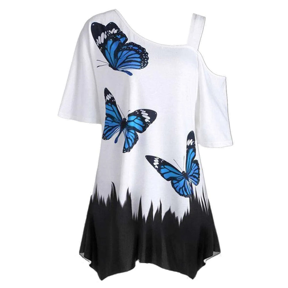 Women's One Shoulder Butterfly Print Summer Blouse - EX-STOCK CANADA