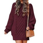 Women's Round Neck Long Sleeve Twisted Knitted Mid-length Dress Sweater - EX-STOCK CANADA