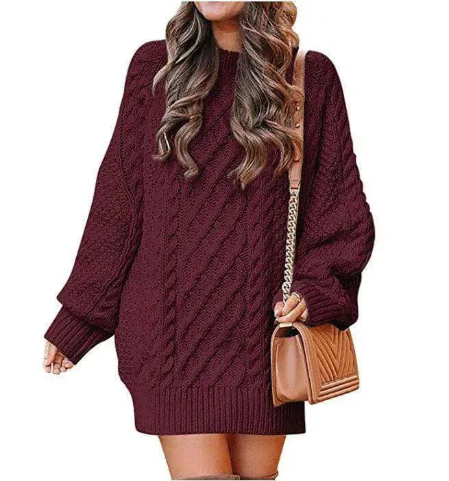 Women's Round Neck Long Sleeve Twisted Knitted Mid-length Dress Sweater - EX-STOCK CANADA