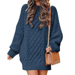 Women's Round Neck Long Sleeve Twisted Knitted Mid-length Dress Sweater - EX-STOCK CANADA