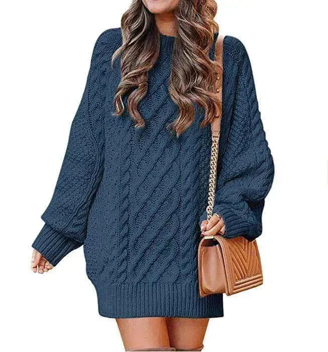 Women's Round Neck Long Sleeve Twisted Knitted Mid-length Dress Sweater - EX-STOCK CANADA