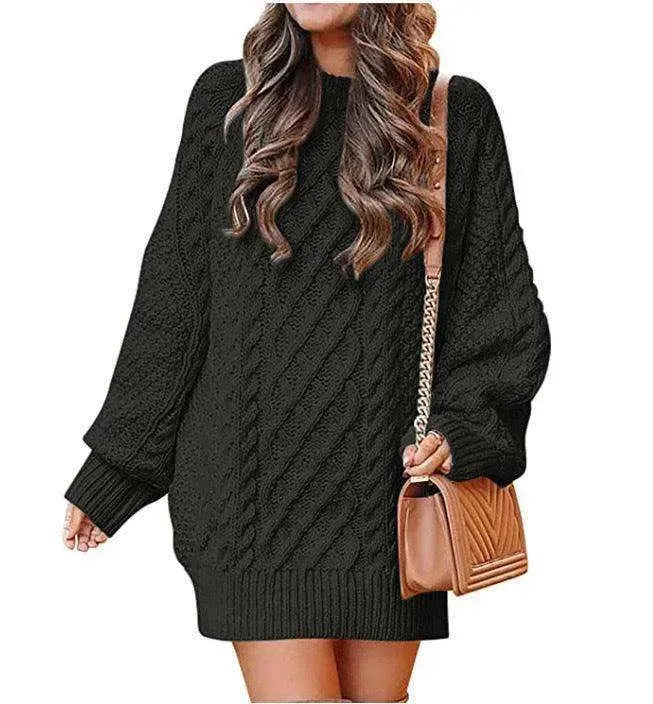 Women's Round Neck Long Sleeve Twisted Knitted Mid-length Dress Sweater - EX-STOCK CANADA