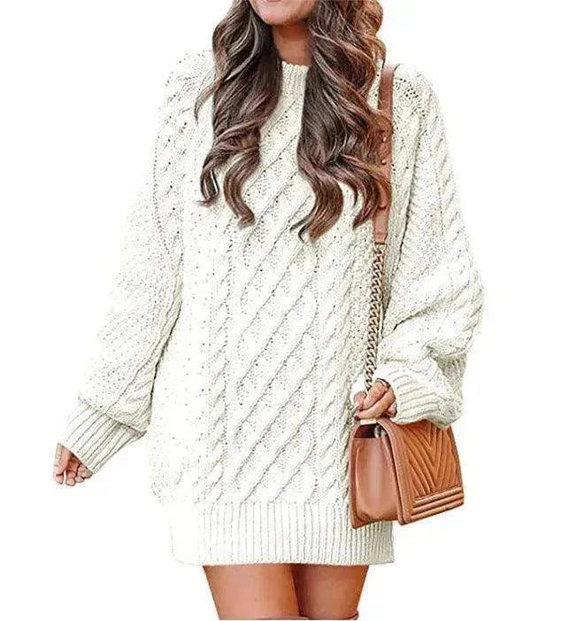 Women's Round Neck Long Sleeve Twisted Knitted Mid-length Dress Sweater - EX-STOCK CANADA