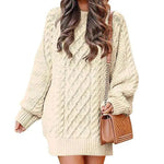 Women's Round Neck Long Sleeve Twisted Knitted Mid-length Dress Sweater - EX-STOCK CANADA