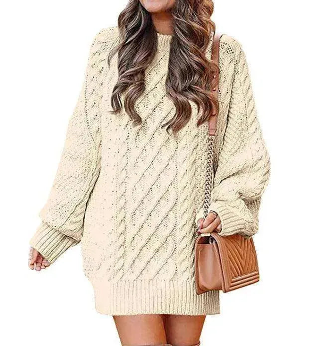 Women's Round Neck Long Sleeve Twisted Knitted Mid-length Dress Sweater - EX-STOCK CANADA