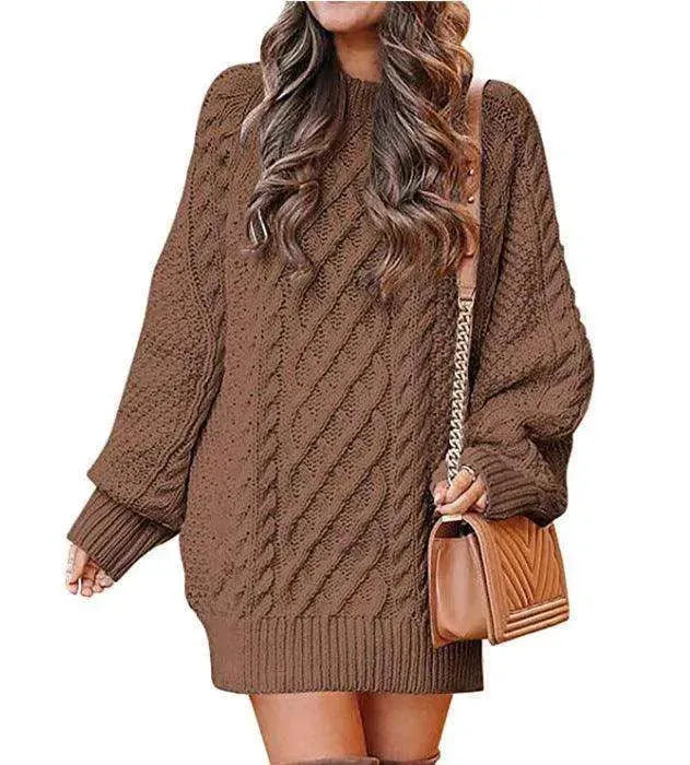 Women's Round Neck Long Sleeve Twisted Knitted Mid-length Dress Sweater - EX-STOCK CANADA