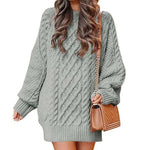 Women's Round Neck Long Sleeve Twisted Knitted Mid-length Dress Sweater - EX-STOCK CANADA