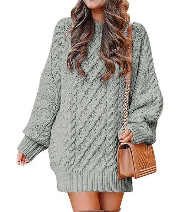 Women's Round Neck Long Sleeve Twisted Knitted Mid-length Dress Sweater - EX-STOCK CANADA