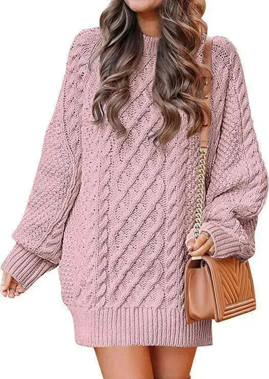 Women's Round Neck Long Sleeve Twisted Knitted Mid-length Dress Sweater - EX-STOCK CANADA