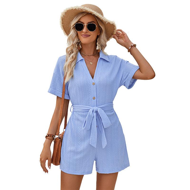 Women's Short-sleeved Shorts Jumpsuit Lace-up Turn-down Collar Solid Color Clothing Summer - EX-STOCK CANADA