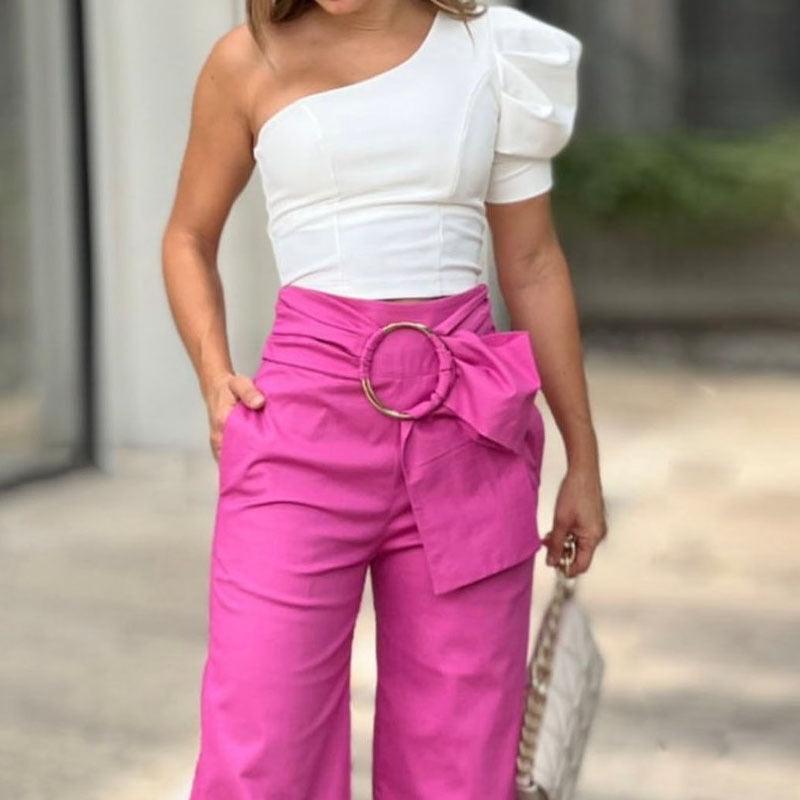 Women's Shoulder Puff Sleeve Top Wide Leg Pants Two-piece Set - EX-STOCK CANADA