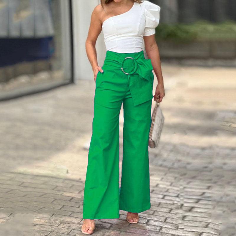 Women's Shoulder Puff Sleeve Top Wide Leg Pants Two-piece Set - EX-STOCK CANADA