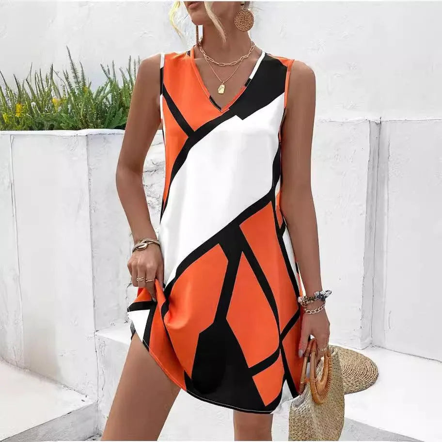 Women's Sleeveless V-neck Printed Loose Mini Dress - EX-STOCK CANADA