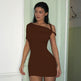 Women's Slim Hip Dress Summer Fashion One-shoulder Short Sleeve Solid Color Mini Dress - EX-STOCK CANADA