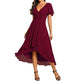 Women's Solid Color And V-neck Ruffled Short Sleeves Chiffon Midi Dress - EX-STOCK CANADA