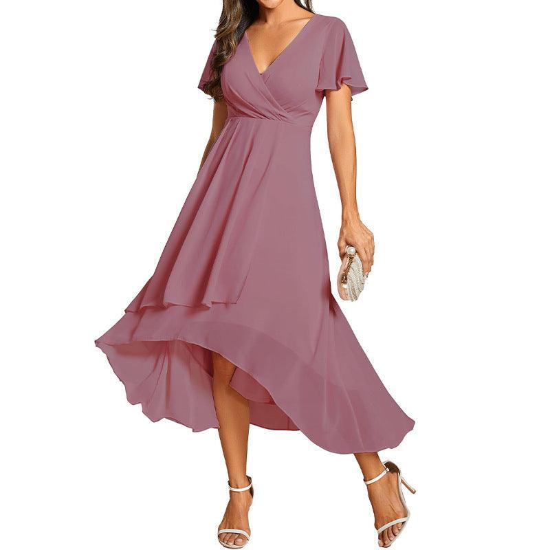 Women's Solid Color And V-neck Ruffled Short Sleeves Chiffon Midi Dress - EX-STOCK CANADA