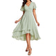 Women's Solid Color And V-neck Ruffled Short Sleeves Chiffon Midi Dress - EX-STOCK CANADA